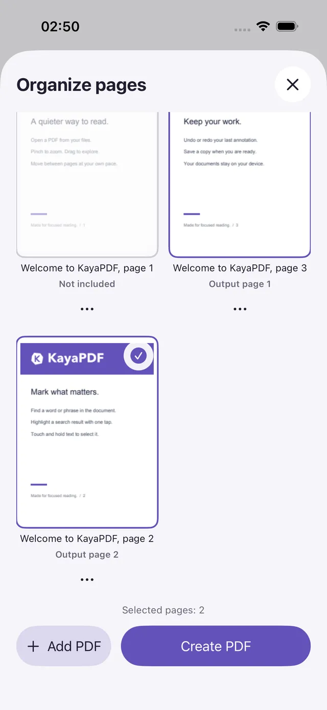 KayaPDF on iOS showing page thumbnails for arranging a new PDF.