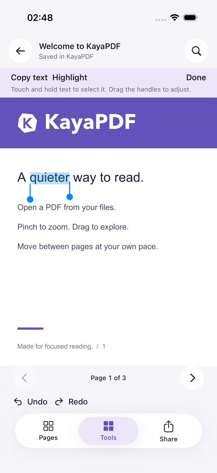 KayaPDF on iOS with a word selected and Copy and Highlight actions visible.