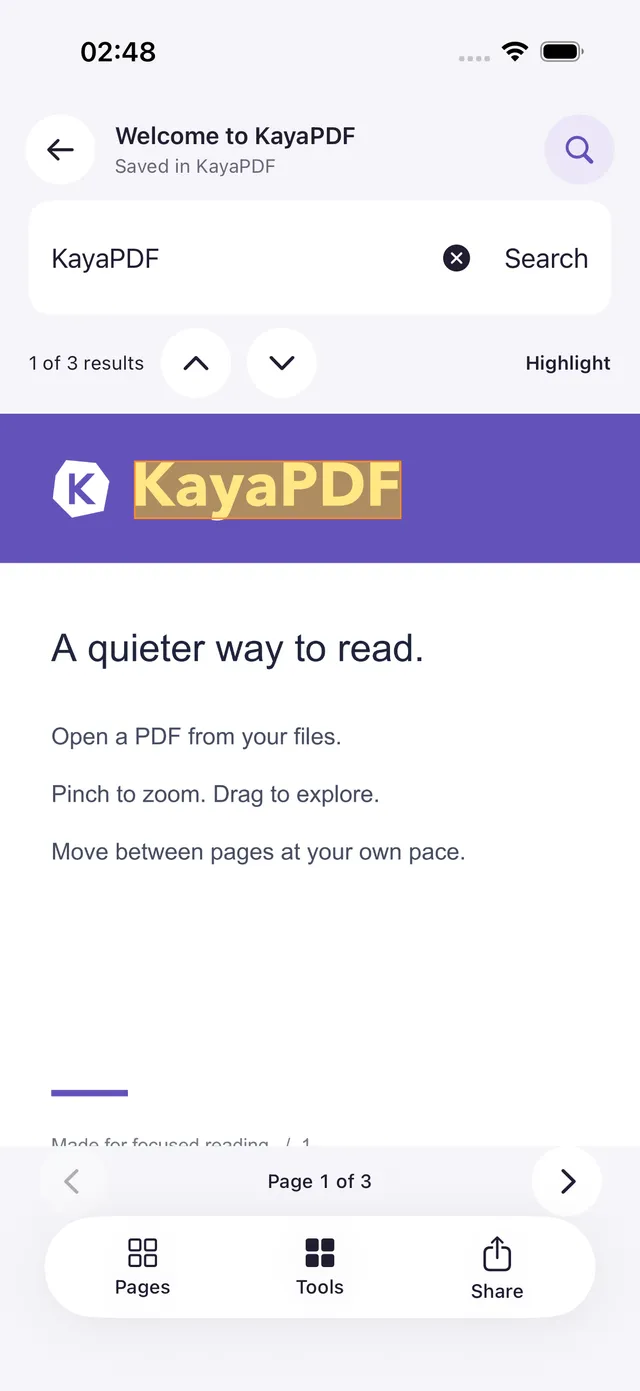 KayaPDF on iOS showing a search match highlighted on the page.
